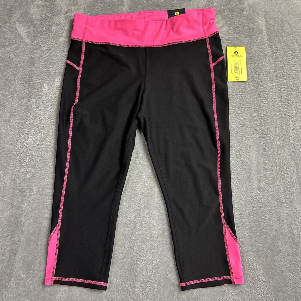 Xersion Womens Performance Fit Capri Pants Sz, L Black/Pink Athletic Workout